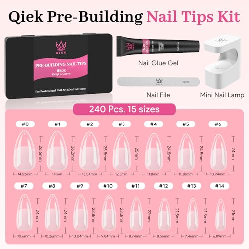 Medium Almond Pre-Building Nail Tips Kit, 15 Sizes 240 PCS Pre-shaped Apex Pink Thick Extensions Tip Soft Half Matte Press On Fake Nails Glue Gel Nail Lamp for DIY Beginners & Salon Manicure