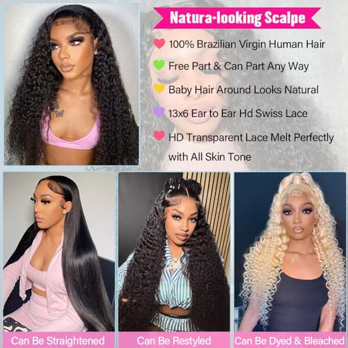 24 Inch Deep Wave Lace Front Wigs Human Hair 200% Density 13x6 HD Transparent Deep Wave Lace Front Wigs for Women Curly Wigs Pre Plucked with Baby Hair Glueless Wigs Natural Color