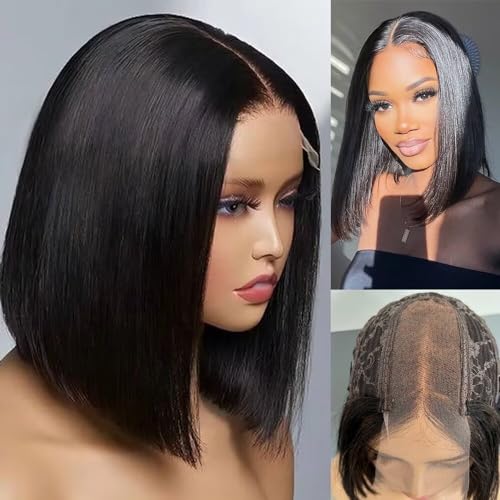 2X6 Deep Parting SKINLIKE Real HD Human Hair Short Bob Wigs Pre Plukced 0.10mm Ultra-thin Invisible Swiss HD Lace Closure Single Knot Undetectable Melted Lace Closure Wigs 180% Density 14Inch