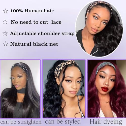 Headband Wig Human Hair Body Wave Wigs None Lace Front Wigs 100% Human Hair Brazilian Virgin 150% Density Natural Color (22inch)