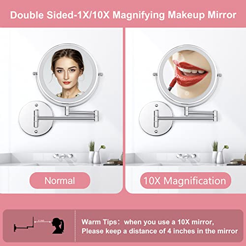Wall Mounted Makeup Vanity Mirror with Lights, 8¡± Double Sided 1X/10X Wall Mount Magnifying Bathroom Shaving Mirror with 3 Color Lights, Rechargeable Touch Dimmable Extendable Cosmetic