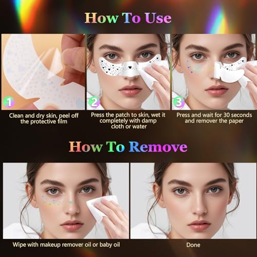 HyperFun 12Pcs Face Glitter Freckles, Face Glitter Fake Freckles Sticker, Gold Sliver Holographic Multichrome Waterproof Sparkle Freckles Makeup Patches for Women Rave Festival Accessories Party Prom