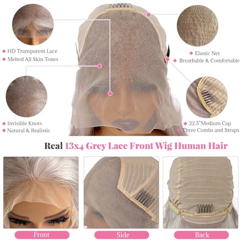 13x4 HD Lace Front Wigs Human Hair Silky Straight Glueless Gray Human Hair Wig 30 Inch Long Layered Grey Frontal Wigs Human Hair HD Lace Pre Plucked Silver Human Hair Wigs for Women 180% Density