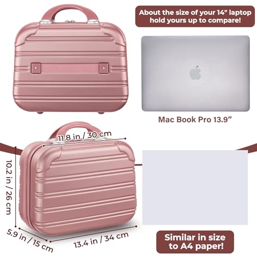 Noverlife 14in Hard Shell Makeup Travel Case, Portable Cosmetic Train Case with Elastic Band, Pressure-proof ABS Carrying Makeup Suitcase, Cosmetic Travel Hand Luggage Bag Organizer - Rose Gold