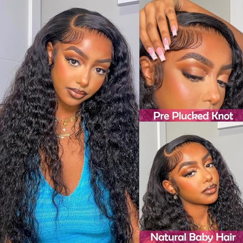 13x4 Deep Wave Lace Front Wigs Human Hair 200 Density Deep Curly Human Hair Wig HD Transparent Wet and Wavy Lace Front Wigs Natural Black 30 Inch