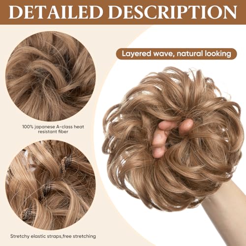 CJL HAIR Large Messy Bun Hair Piece Wavy Curly Scrunchies Synthetic Chignon Ponytail Hair Extensions Thick Updo Hairpieces for Women Dirty Blonde