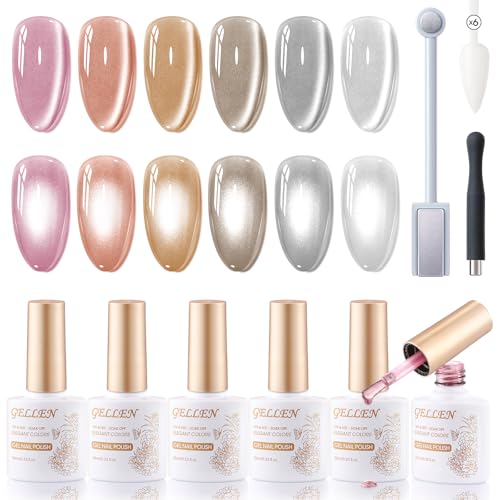 GELLEN Cat Eye Gel Nail Polish 6 Colors Gray Orange Silver Gold Brown Purple Holographic Reflective Cateye Gel Polish with Magnets Fall Winter UV LED Soak Off Sparkle Magnetic Gel Polish