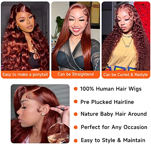 Avolo Reddish Brown Lace Front Wigs Human Hair Pre Plucked 13x4 HD Transparent Body Wave Auburn Colored Wig Glueless Frontal 32 Inch, 1.0 Count