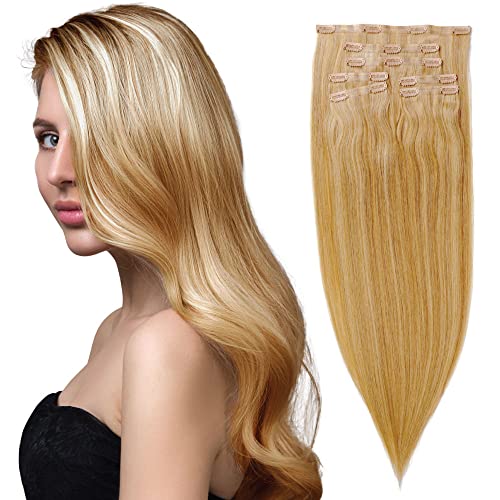 Skinny Weft Clip-In Hair Extensions by Everlong, Thin Silicone Pressed Wefts, Premium Remy Human Silky Straight Hair for Length & Volume, 175 grams #124 Honey Pecan 18"