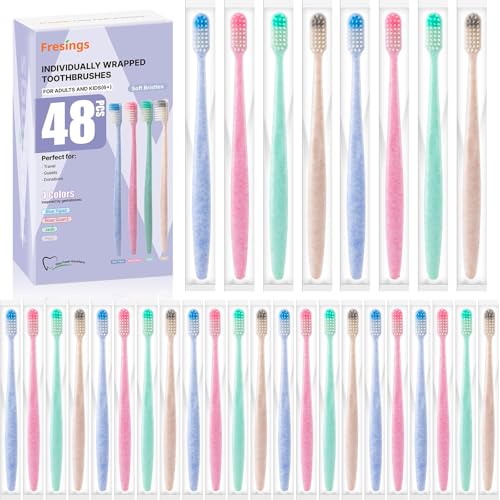 48-Pack Disposable Toothbrushes Individually Wrapped, Soft Bristle Bulk Travel Toothbrush for Adults, Kids, Guest, Hotel, Home, Camping, Donation ? 4 Colors, Mini Manual Value Pack