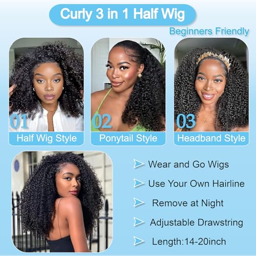 Kinky Curly Half Wigs 100% Human Hair 180 Density 3 In 1 Seamless Flip Over Half Wigs Kinky Burmese Curly Deep Water Wave Glueless Wear and Go Wig Drawstring Headband Ponytail Wig for Women 20 Inch