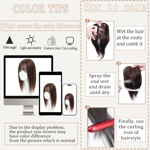 Hair Toppers for Women Real Human Hair,360¡Æ3D Big Basement Cover Topper for Women with Thinning Crown with Wispy Clip in Bangs Realistic Scalp (Medium brown, 3D Wispy Bangs 18INCH)