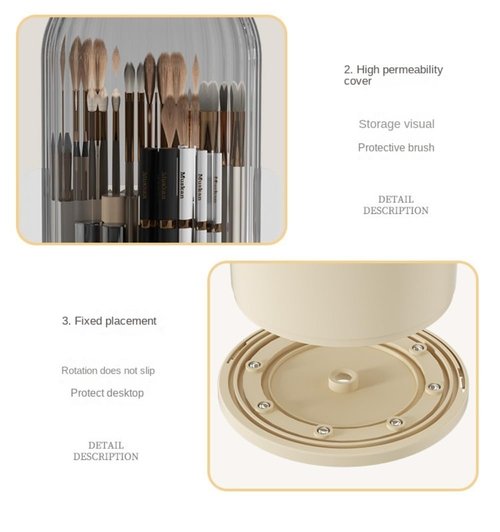 Rotating Makeup Brush Holder with Clear Lid – 360° Makeup Brush Organizer for All Brush Sizes, Durable Dustproof Storage Stand with Large Capacity, Easy to Clean, No Assembly (Milk yellow/transparent)