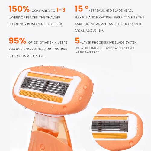Mini Travel razor Kit for women with moisturizing bar - 1 Handle and 3 Cartridges - Extra Smooth 5-blade With Case for Close Shaving - Orange