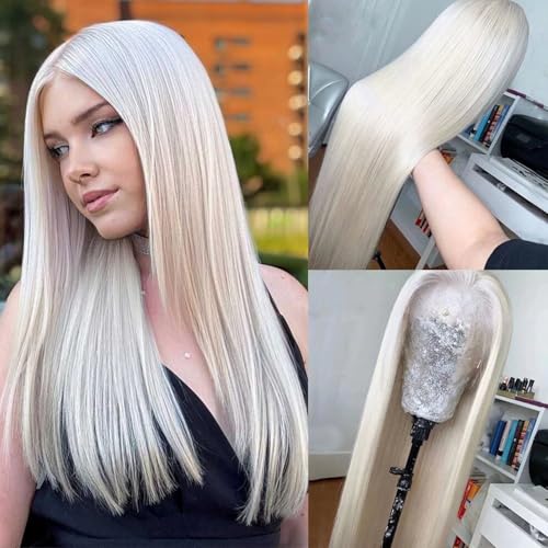 Platinum Blonde Wig Human Hair Pre Plucked HD Transparent Long Straight Wigs Silver Ash White 613 Blonde Lace front Wig For Women T Part Remy Vietnamese Hair 22 Inch 180%