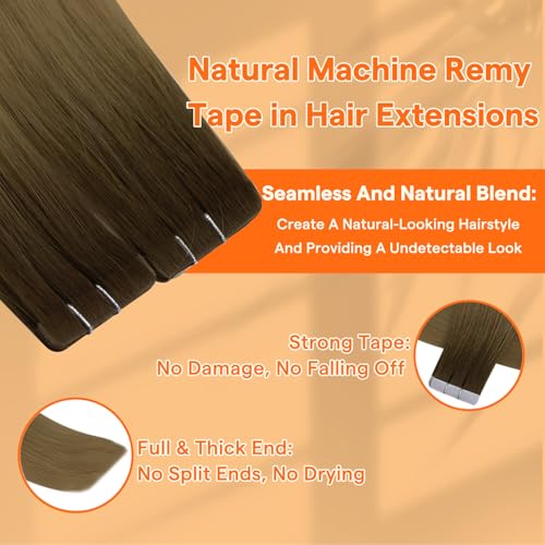 Full Shine Invisi Edge Tape in Hair Extensions Human Hair Ombre 14 Inch Color R3 Dark Brown to 8 Light Brown Virgin Hair Extension Invisible Machine Remy Double Sided Tape in Extensions 10Gram 5Pcs