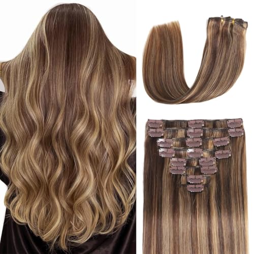Clip in Hair Extensions Real Human Hair 4.3oz/120g Clip ins 100% Human Hair Extension for Women 8pcs Per Set with 18 Clips Double Weft (24 Inch #4/27 Chocolate Brown to Honey Blonde)