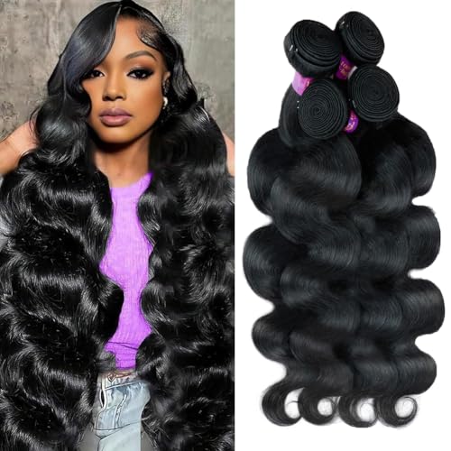 14A Body Wave Human Hair Bundles 20 22 24 26 Inch Bundles Human Hair 100% Unprocessed Brazilian Virgin Hair Body Wave 4 Bundles Human Hair Extensions for Women Natural Color Quick Weave