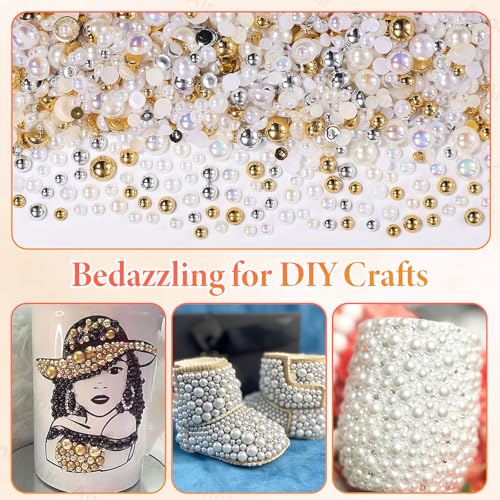 9000Pcs Half Pearls for Crafting, Gold Silver White Flatback Pearls for Bedazzling, Flatback Gold Pearl for Nails, ABS Pearl Nail Beads Gems for Nails DIY Crafts Shoes Clothes Bags DIY Making