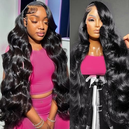 Body Wave Lace Front Wigs Human Hair 200 Density 12a Grade 100% Virgin Human Hair Wigs for Black Women 13x6 Hd Transparent Lace Pre Plucked Natural Black 34 Inch