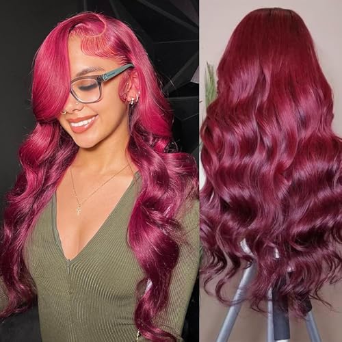 Burgundy Lace Front Wigs Human Hair 99j 13X4 Body Wave Lace Front Wigs 180% Density 100% Brazilian Human Virgin Hair Glueless HD Red Wigs Pre Plucked with Bleached Knots Natural Hairline (30inch)