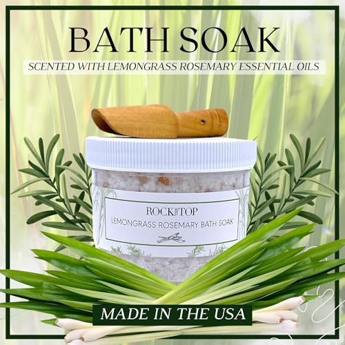 | 6 Lemongrass Rosemary Self Care Gifts for Women, Aromatherapy Epsom Salt Bath Soak, Lavender Soap, Bath Bombs, Bath Salts with Plant Based Loofa Dry Brushing Body Brush Gift