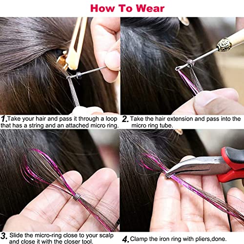 Colorful Hair Tinsel Kit with Tool 6pcs 1200 Strands Glitter Tinsel Hair Extensions Heat Resistant Sparkling Shiny Fairy Hair Accessories for Women Girls Kids 47Inch
