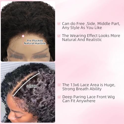 Afro Kinkycurly Wig Human Hair Kinky Curly13x6 Lace Front Wig 100% Real Human Hair Wigs 200 Density 24 Inch True Length and Density Can be Bleachec Preplucked Hairline Natural Black Color