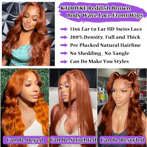 Reddish Brown 200 Density Body Wave HD Lace Frontal Wigs Human Hair 13X6 Lace Front Wigs Human Hair Glueless Wigs Human Hair Pre Plucked Pre Cut for Women 28 Inch