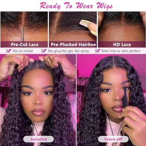 Yuzhou Grace 5x5 HD Lace Closure Wigs Human Hair Glueless Wigs Human Hair Pre Plucked Pre Cut Ready To Wear Deep Wave Curly Glueless Wig Human Hair 250 Density with Baby Hair Natural Hairline(26inch)
