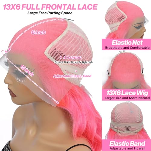 Pink 13x6 Lace Front Wigs Human Hair 200 Density HD Wear and Go Glueless Body Wave Lace Front Wigs Human Hair Pre Plucked Pre Cut Frontal Body Wave Wig for Women 30 Inch