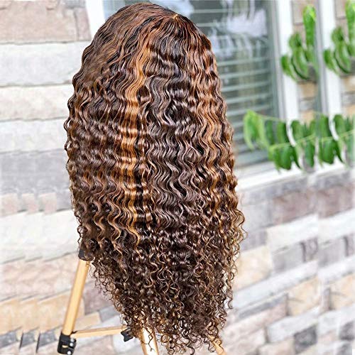 ten chopsticks Wigs HD Transparent 13x6 Highlight Ombre T4/27 Color Curly Lace Front Wig Pre Plucked Bleached Knots Human Hair Wigs for Women Brazilian Deep Wave Curly Wig Human Hair 14inch