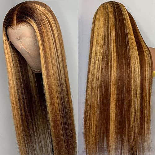 Lemoda Outlet Deals 13x6 Highlight Ombre Lace Front Wig Human Hair 180 Density 28 Inch Straight Transparent Lace Pre Plucked Honey Blonde Human Hair Wigs for Women P4/27 Color