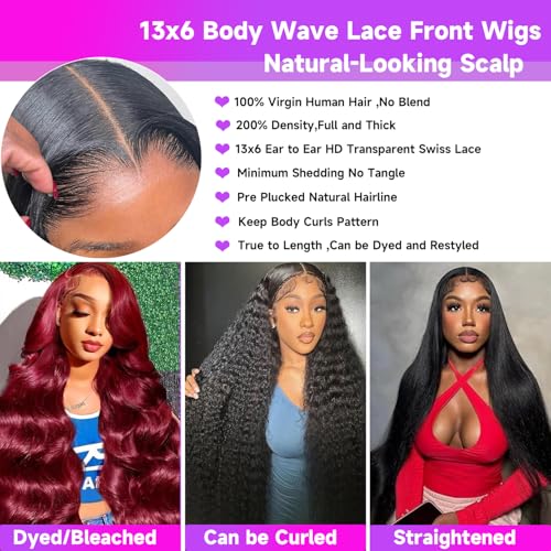 32 Inch 13x6 Body Wave Lace Front Wigs Human Hair 200 Density HD Lace Front Wigs Pre Plucked Brazilian Virgin Human Hair Wigs for Women Glueless Frontal Wigs Human Hair Natural Black Body Wave Wig