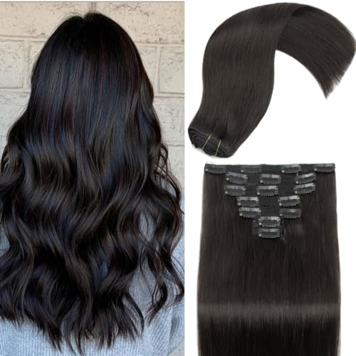 Clip in Hair Extensions Real Human Hair,24 Inch 7Pcs 120g Seamless Human hair Clip in Extensions for Women Invisible Straight 1B Natural Black Hair Extensions Clip ins Double Weft
