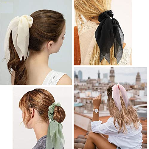 6 Pcs Scrunchies and Hair Accessories: Chiffon Floral Bowknot Ponytail Holders, Soft Elastic Hair Ribbons and Bunny Ear Ties for Women and Girls