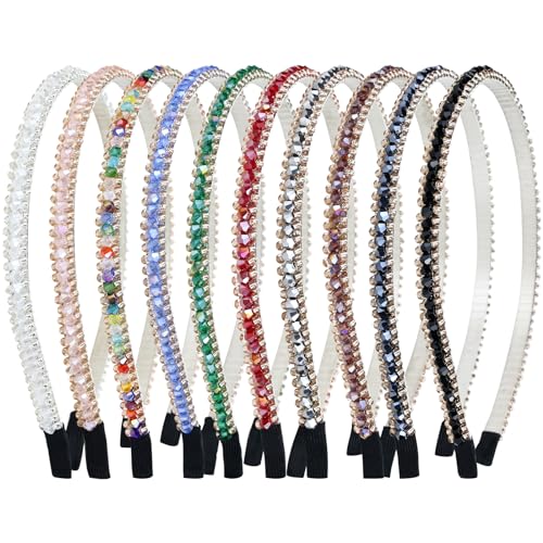 Lawie 10 Pack Crystal Rhinestone Headband, Glitter Sparkly Fancy Jeweled Headbands for Women, Skinny Elastic Metal Hair Bands with Fabric Ends, Fashion Headbands for Girls, Daily Work