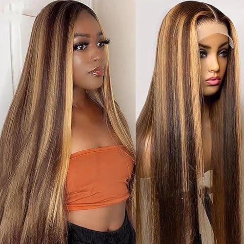 Ombre Lace Front Wig Human Hair 22inch Highlight 13x4 HD Straight Lace Front Wigs Human Hair 200% Density 4/27 Colored Honey Blonde Wig Human Hair Glueless Pre Plucked with Baby Hair