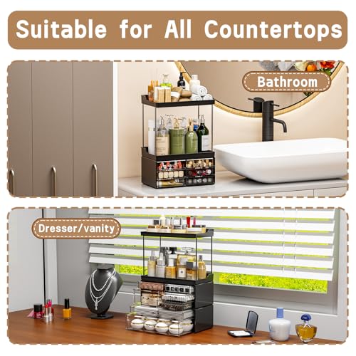 3 Pack Bathroom Organizers and Storage Countertop With 7 Drawers,Stackable Vanity Drawer Organizer for Makeup,18.9" Tall Large Capacity Skincare Organizer and Exquisite Makeup Organizer,Black