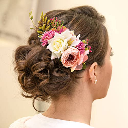 Cinaci 4 Pack Large Artificial Flower Metal Hair Side Combs Floral Slide Hair Clips Wedding Bridal Headpieces Hairpins Barrettes Decorative Hair Comb Bun Accessories for Women Girls Brides Bridesmaids