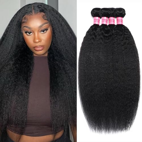 Kinky Straight Human Hair Bundles 20 22 24 26 Inch Yaki Straight Human Hair 4 Bundles 12A 100% Unprocessed Brazilian Virgin Remy Human Hair Extension Natural Color