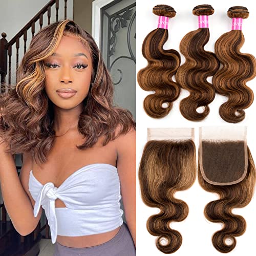 Ombre Body Wave Highlight Bundles with Closure 3 Bundles with 4x4 Lace Closure Free Part Virgin Brazilian Hair Weave (10 12 14+8, P4/27)