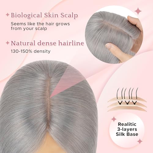 SEGO Grey Hair Toppers for Women Real Human Hair No Bangs, 7 * 13 CM Silk Base Clip In Topper Wiglet, Top Pieces Add Volume -14 Inch G1 Silver Grey