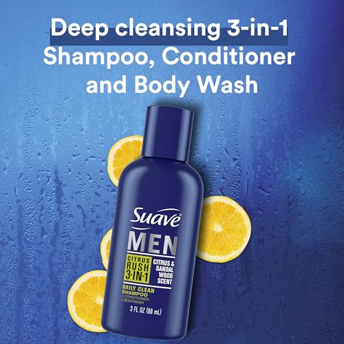 Suave Men Body Wash 3-in-1 Citrus Rush ? Travel-Size Shampoo, Conditioner & Body Soap All-in-One Formula with Keratin for Healthy Hair & Skin, 3 Oz Ea (Pack of 3)