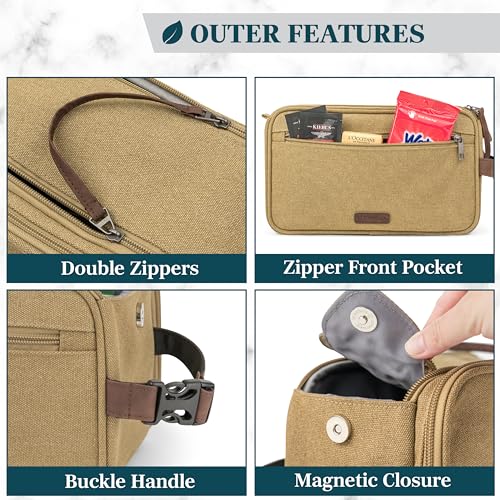 PAVILIA Toiletry Bag for Men, Canvas Travel Dopp Kit, Water Resistant Hygiene Bag Toiletries Organizer, Shaving Kit Travel Accessories Bag, Tan Khaki