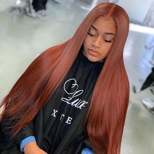 Reddish Brown Lace Front Wig - Human Hair with Baby Hair, Cooper Red, Glueless, Straight, Transparent Lace Front, 28inch (13x4)