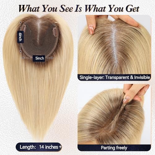 starluck 6x5 inch Large Swiss Base SilkHug 14 Inch Real Human Hair Toppers,60 Gram, 100% Real Human Hair Toppers for Women with thinning (Ombre Blonde, no Bangs)