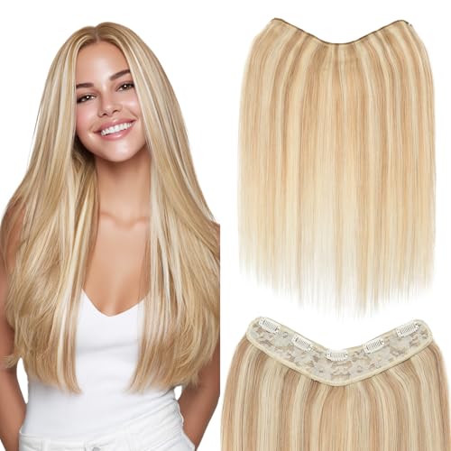 One Piece Clip in Hair Extensions 100% Real Human Hair 3/4 Full Head Hair with Upgraded V-Shaped Weft 5 Clips in Hair Extensions for Women, £¨22 Inch, #18P613 Ash Blonde Mixed Bleach Blonde£©