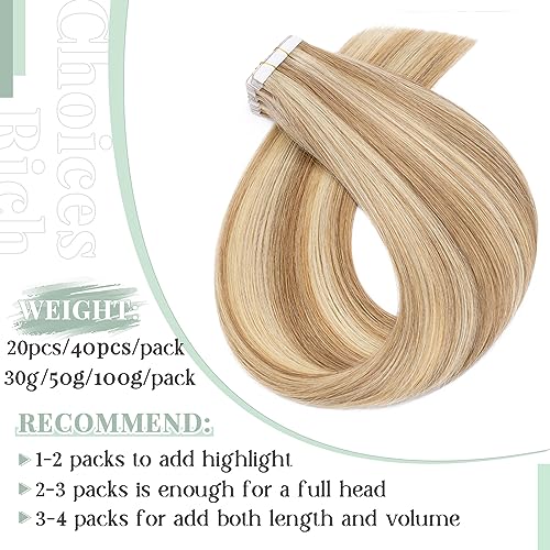 Rich Choices Tape in Hair Extensions Human Hair, 40pcs 100g 100% Remy Tape Hair Extensions Real Human Hair,Seamless Tape in Hair Extension 22 Inch #12P613 Golden Brown Highlighted Bleach Blonde