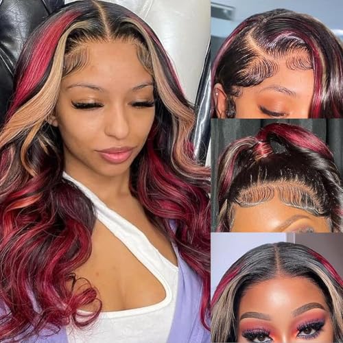 200% Density Glueless Wig Black Red Blonde Wig Red And Blonde Highlight Wig Human Hair Body Wave Lace Front Wigs 13X6 Lace Front Human Hair Wigs Pre Plucked 18INCH